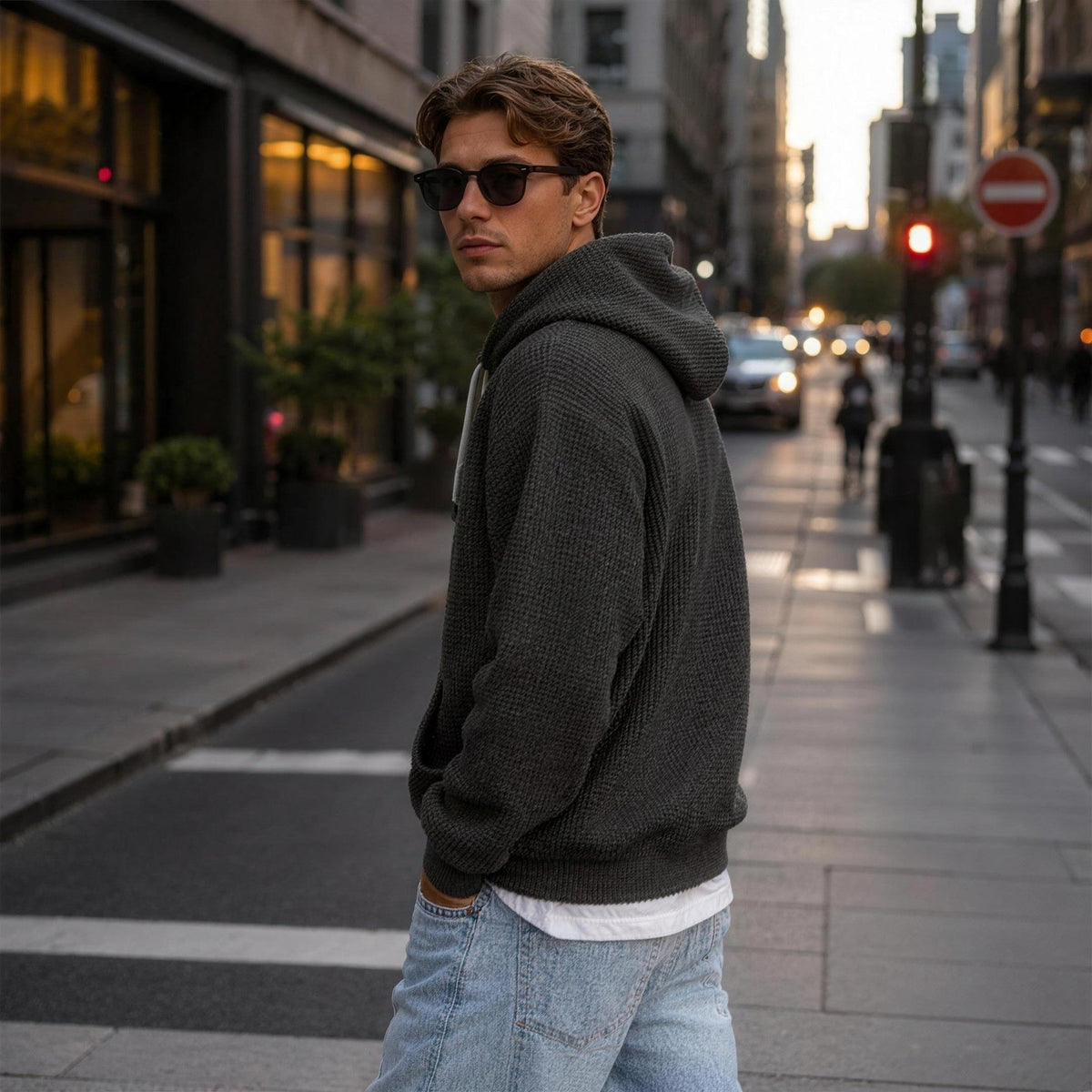 Wafelhoodie Heren | Korte Rits | Buidelzak