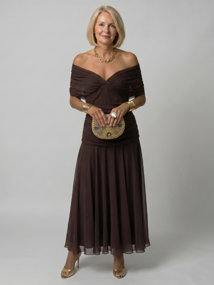 Bruiloft Gast Jurk | Maxi | Off-Shoulder | V-hals-Boutique Moda