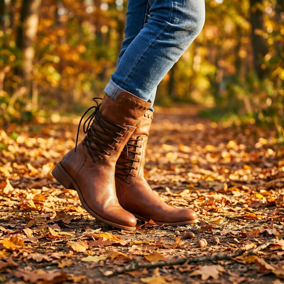 Bruine veterlaarzen met studs, gedragen, herfstpad met bladeren | Boutique Moda