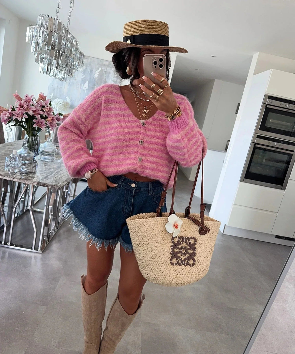 Roze gestreept oversized vest met V-hals