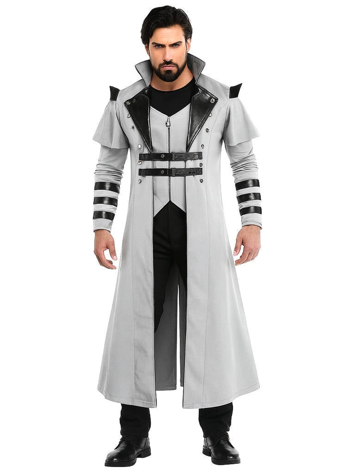 Man in een lange grijze gothic steampunk jas