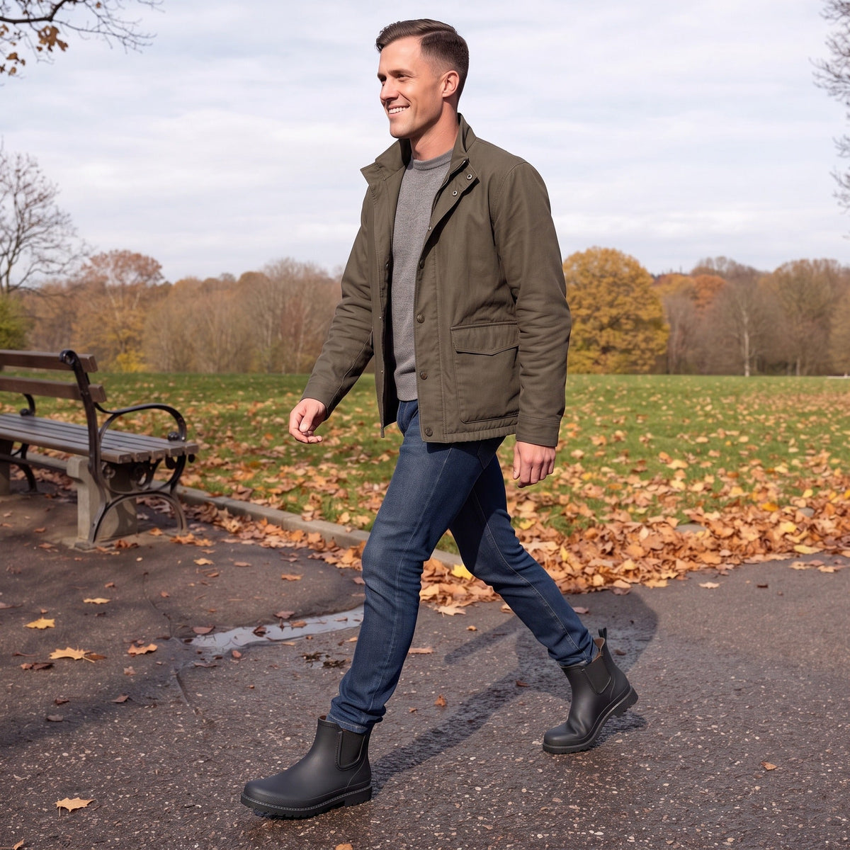 Man walking through an autumn park in black Chelsea rain boots, jeans and an olive jacket