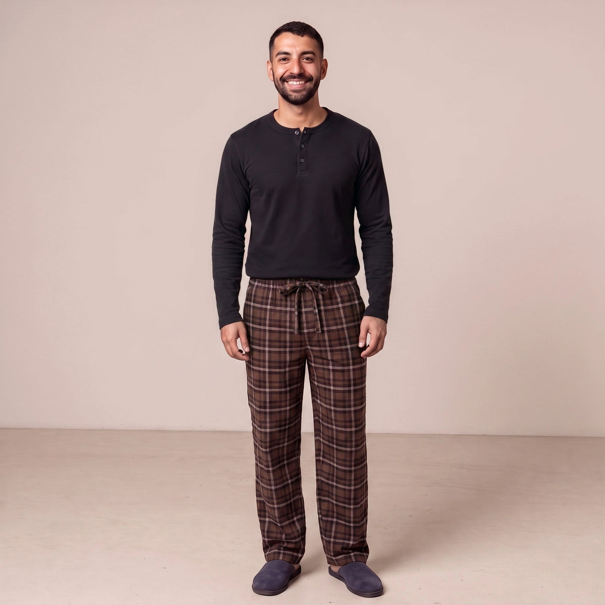 Henley Pyjama Heren | Extra Lang | Geruite Broek | Bruin