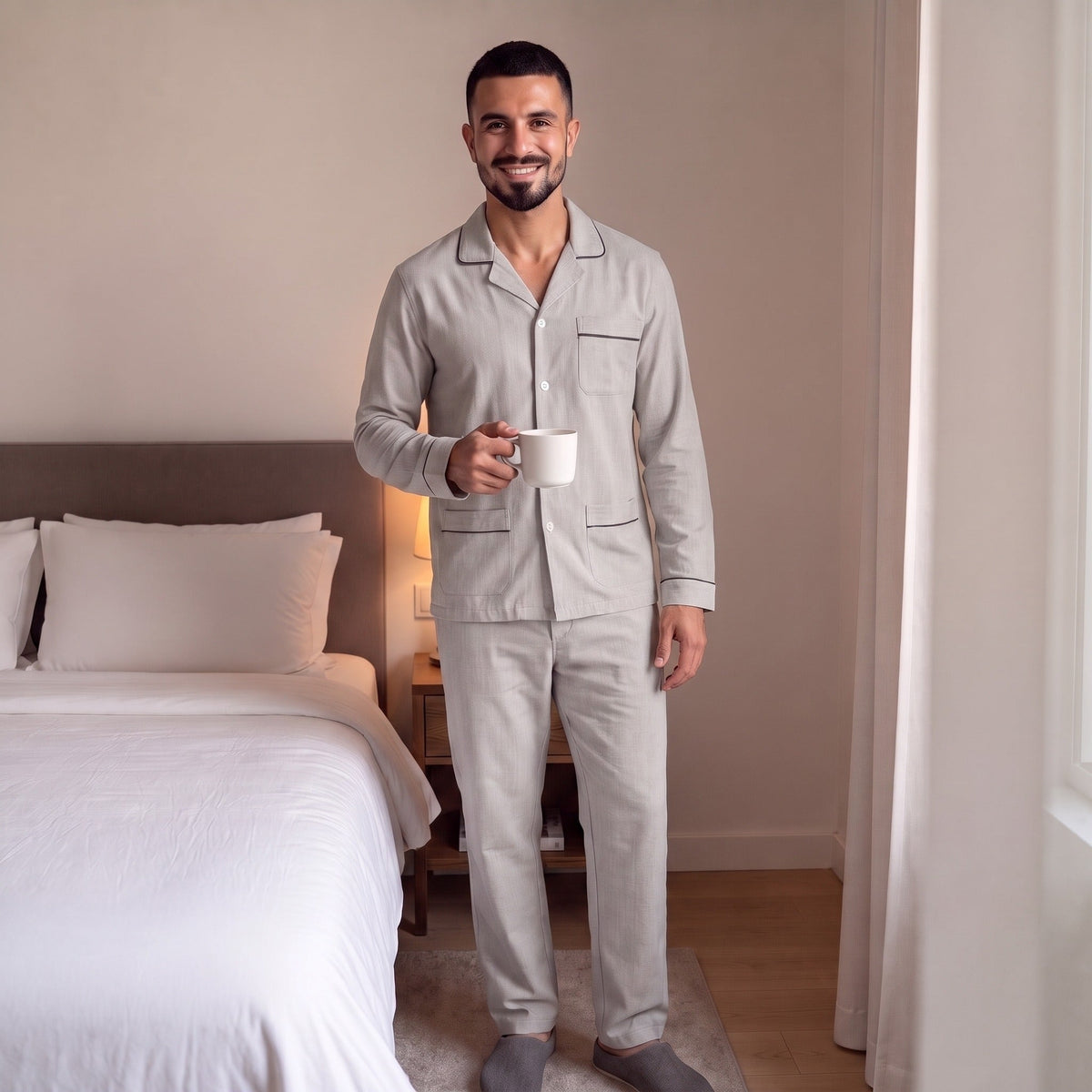 Katoenen Twill Pyjama Heren | Lichtgrijs