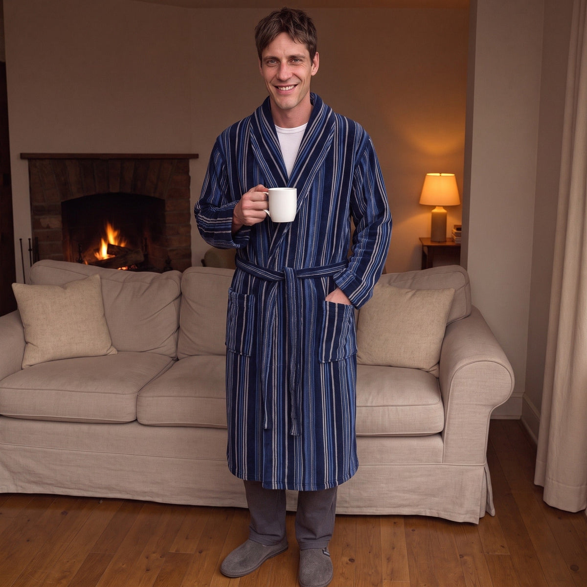 Gestreepte Badjas Heren | Koraalfleece | 2 Kleuren