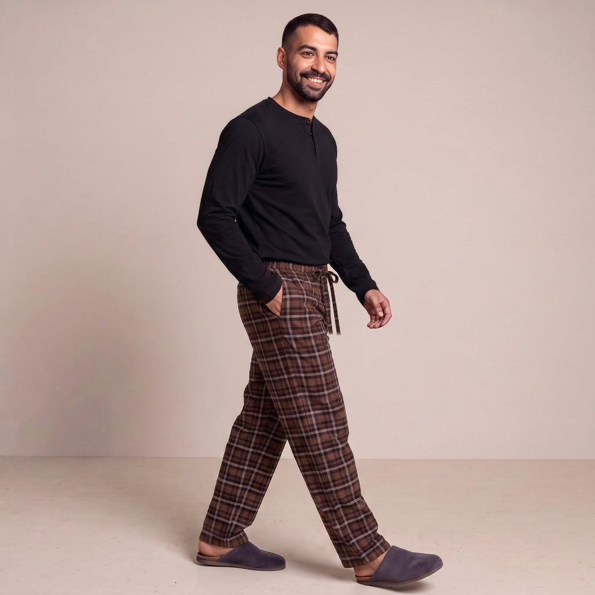 Henley Pyjama Heren | Extra Lang | Geruite Broek | Bruin