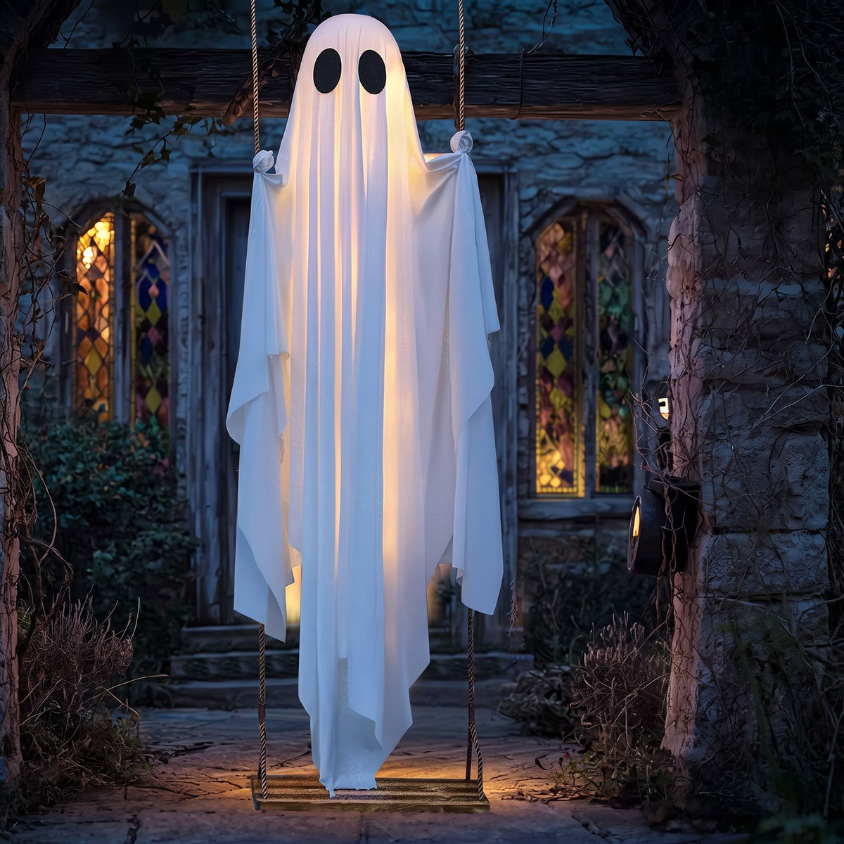 Verlicht spook op een houten schommel voor Halloween, bij een stenen huis met glas-in-loodramen