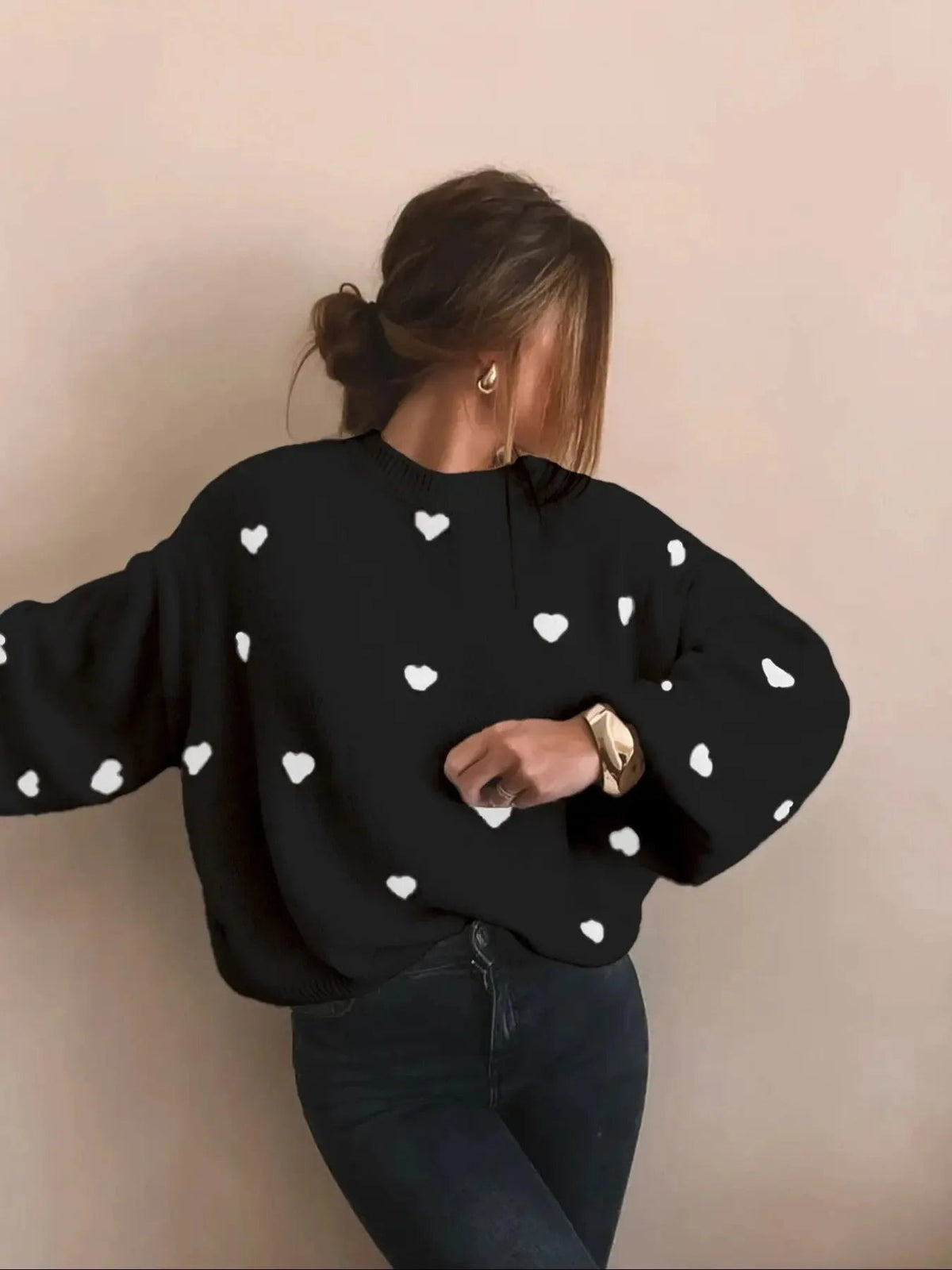 Zwarte oversized trui dames met witte hartjes