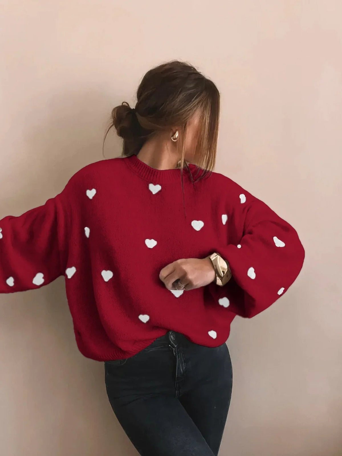 Rode oversized trui dames met witte hartjes