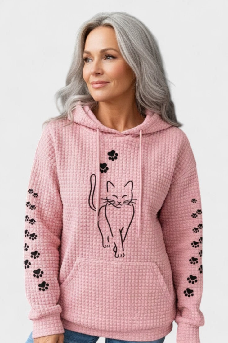 Roze hoodie met wafelstructuur, zwarte kat en pootjes