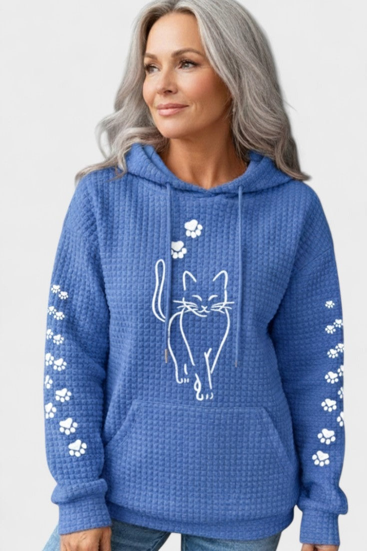 Blauwe hoodie met witte kattenprint en pootjes langs de mouwen