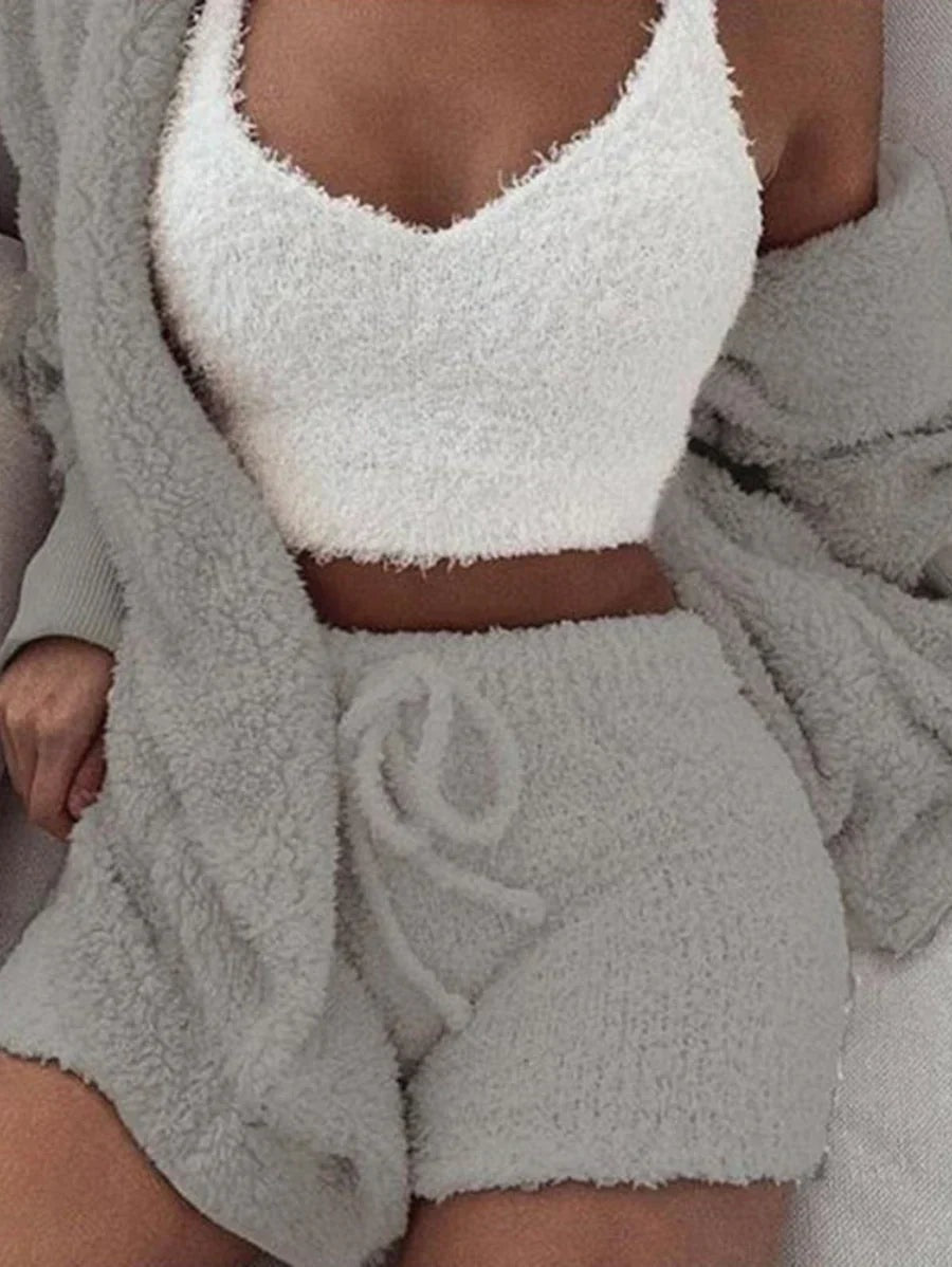 Huispak Dames | 3-Delig | Pluizig Gebreid | Vest, Top en Short-Boutique Moda