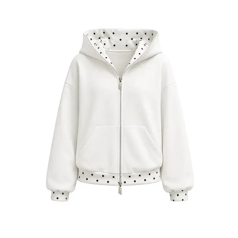 Crème hoodie met rits en stippenrand, productfoto