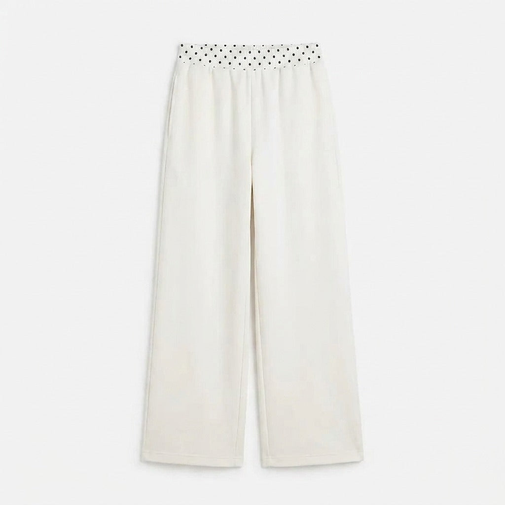 Crème wijde broek met gestippelde tailleband, productfoto