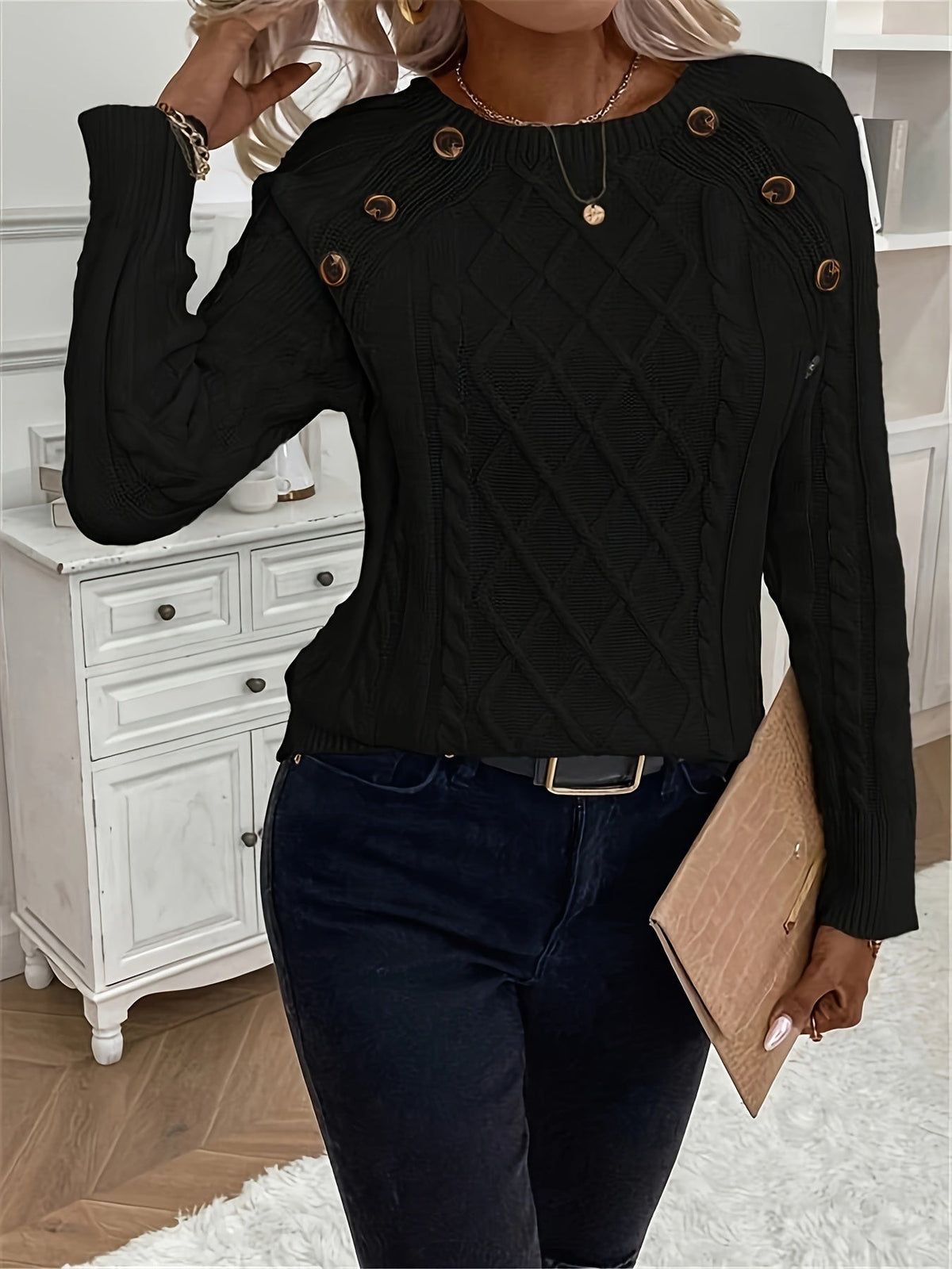 Kabeltrui Dames | Ronde Hals | Sierknopen op de Schouder | Raglanmouwen-Boutique Moda