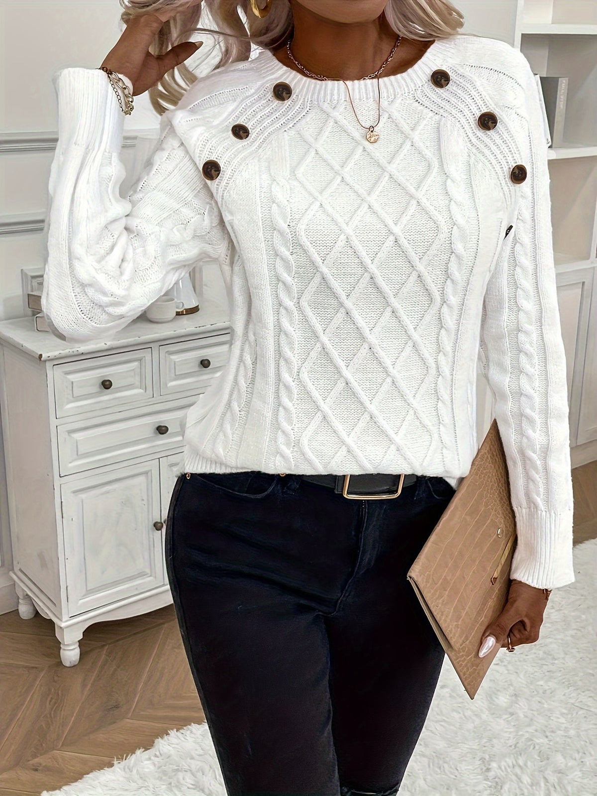 Kabeltrui Dames | Ronde Hals | Sierknopen op de Schouder | Raglanmouwen-Boutique Moda