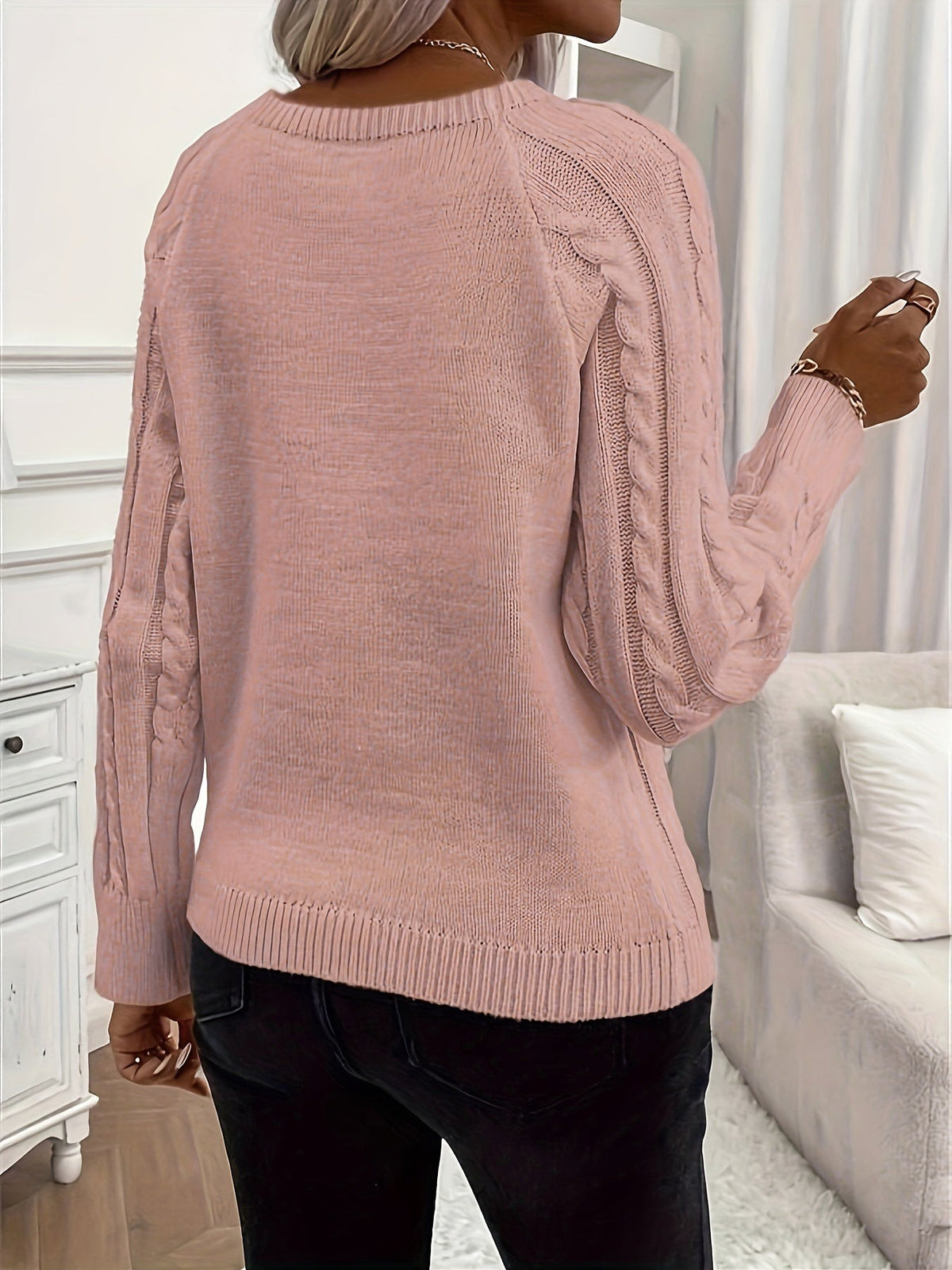 Kabeltrui Dames | Ronde Hals | Sierknopen op de Schouder | Raglanmouwen-Boutique Moda
