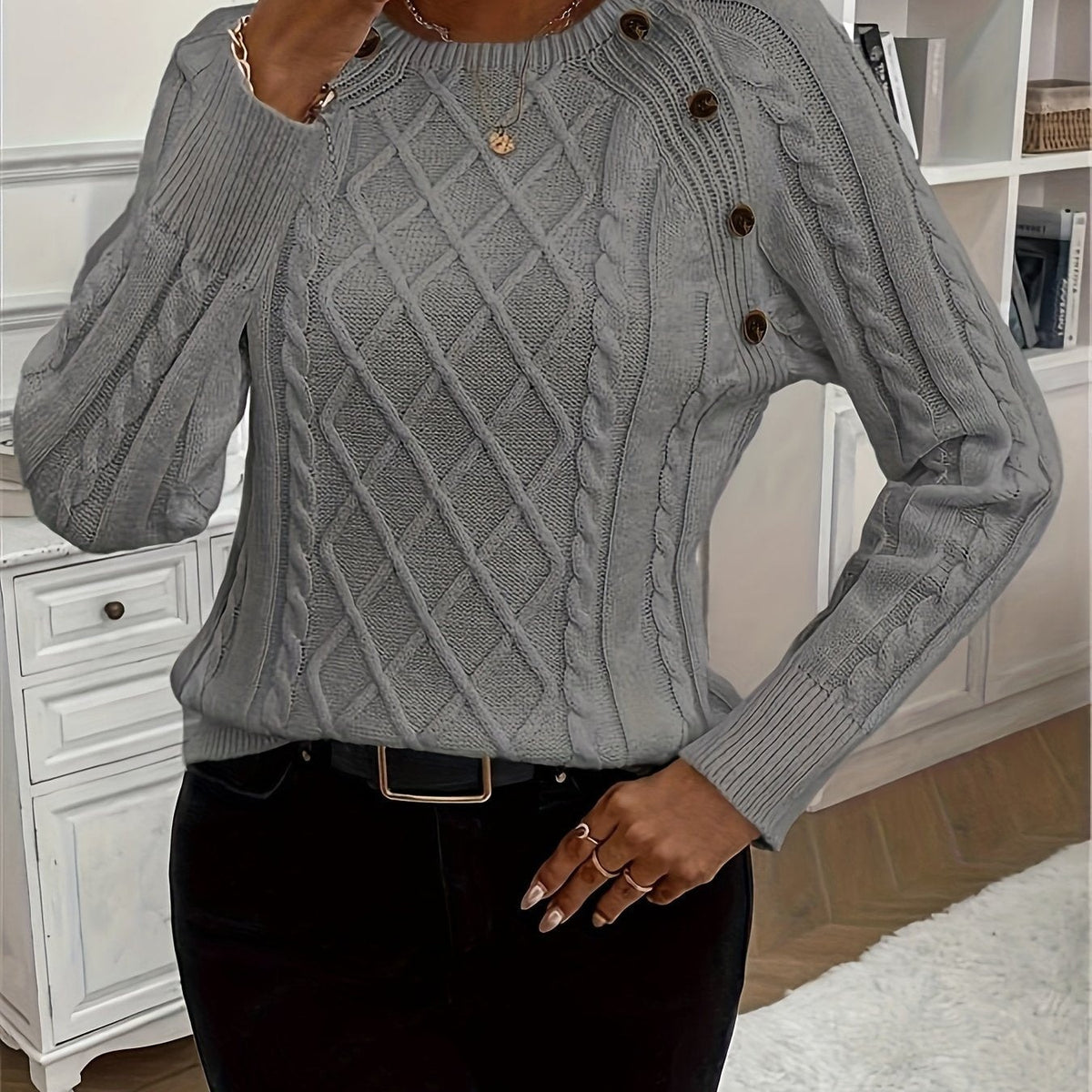 Kabeltrui Dames | Ronde Hals | Sierknopen op de Schouder | Raglanmouwen-Boutique Moda
