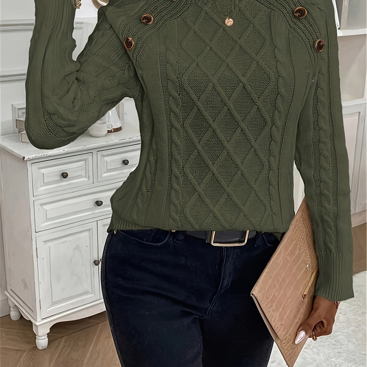 Kabeltrui Dames | Ronde Hals | Sierknopen op de Schouder | Raglanmouwen-Boutique Moda
