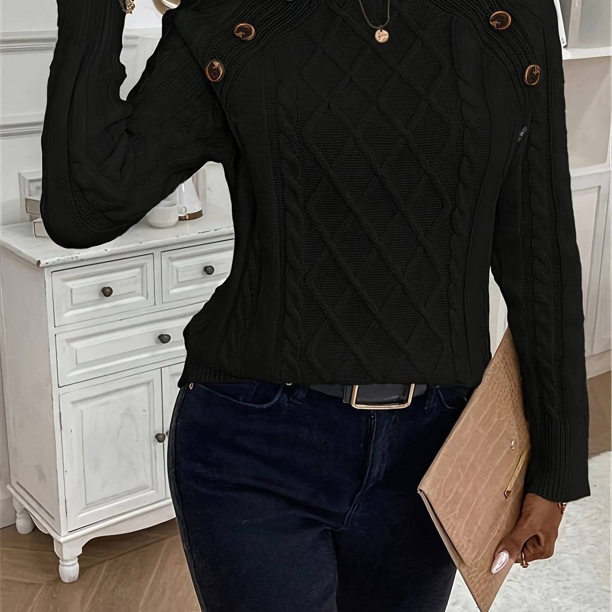 Kabeltrui Dames | Ronde Hals | Sierknopen op de Schouder | Raglanmouwen-Boutique Moda