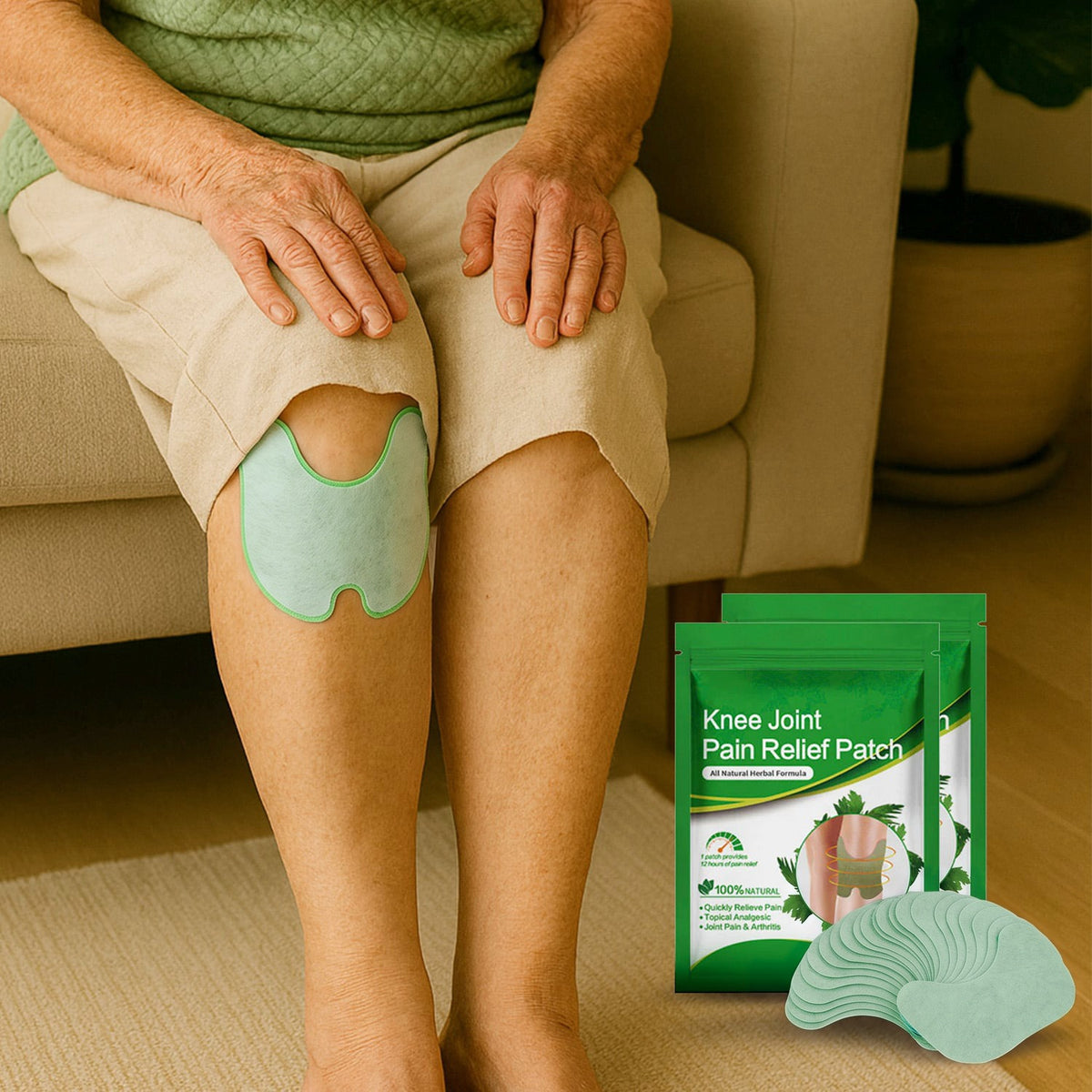 Groene kniepleister op knie van zittende persoon, met verpakking naast been | Boutique Moda