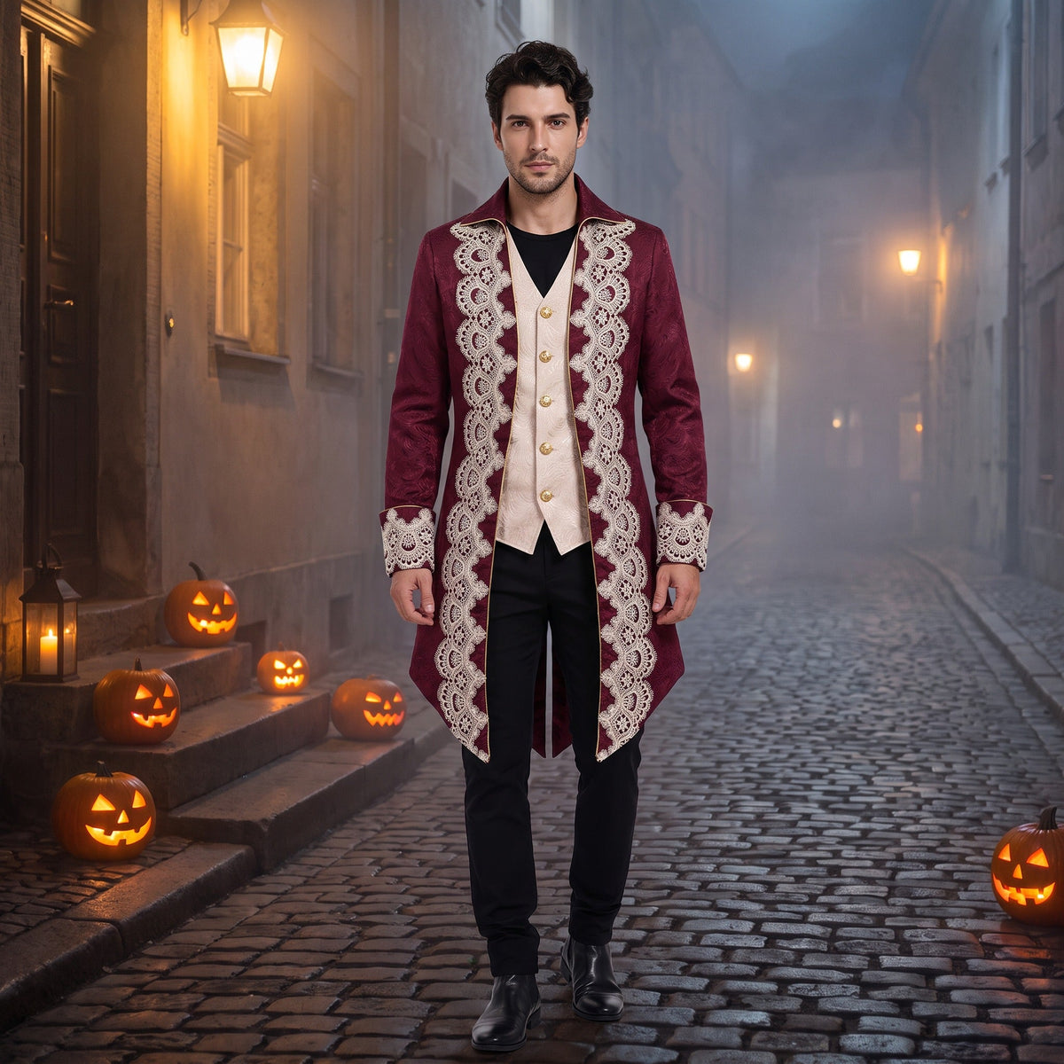 Victoriaanse Geklede Jas Heren | Bordeauxrood | Jacquard | Kant | Steampunk