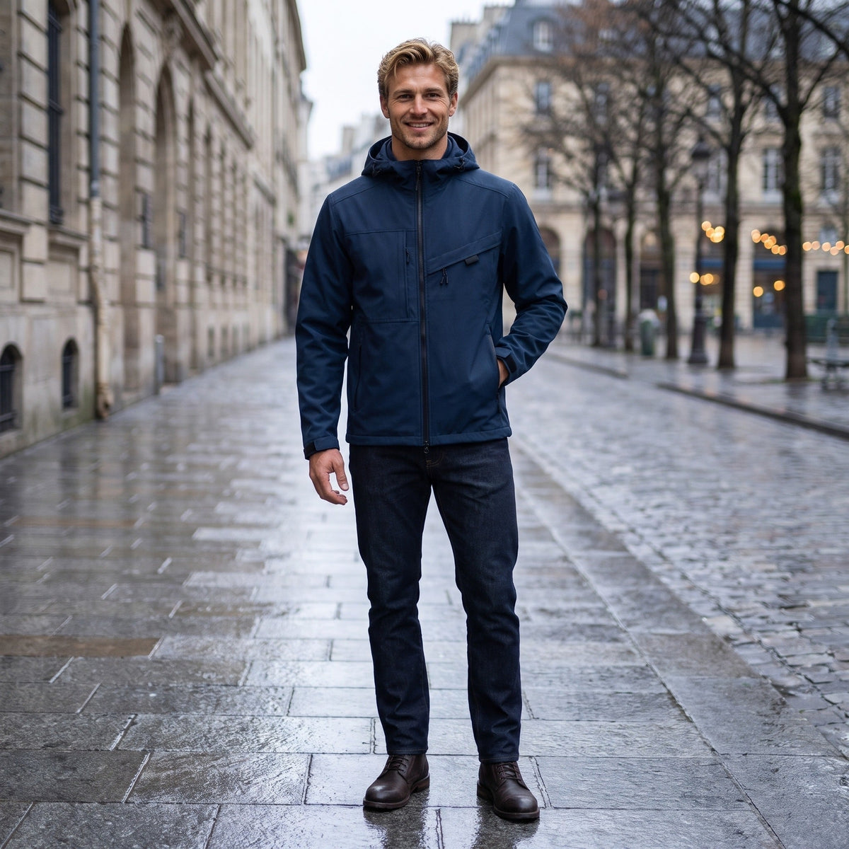 Man draagt donkerblauwe outdoorjas met capuchon op natte straat | Boutique Moda