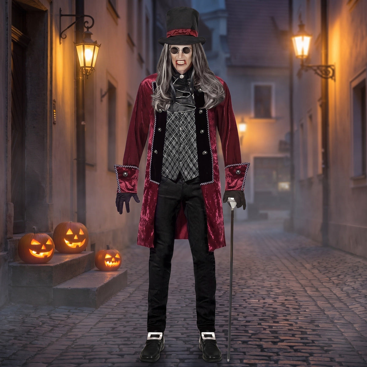 Dracula Kostuum | Bordeauxrode Jas | Gilet | Jabot | Hoge Hoed