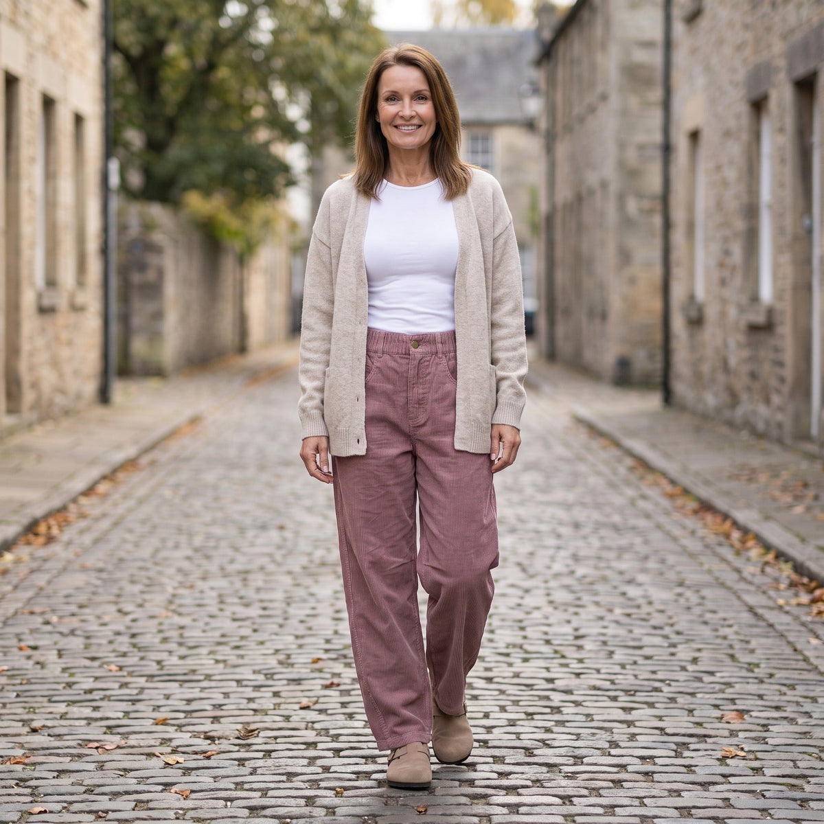 Oudroze wijde corduroy broek met hoge taille, gedragen door vrouw op straat | Boutique Moda