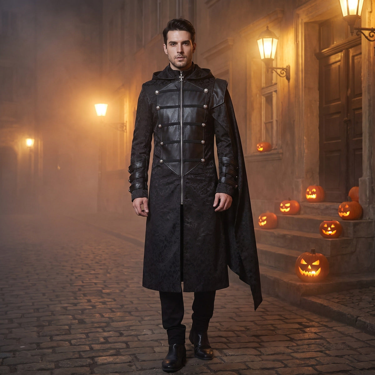 Man draagt zwarte gothic mantel met capuchon en schoudercape op straat | Boutique Moda