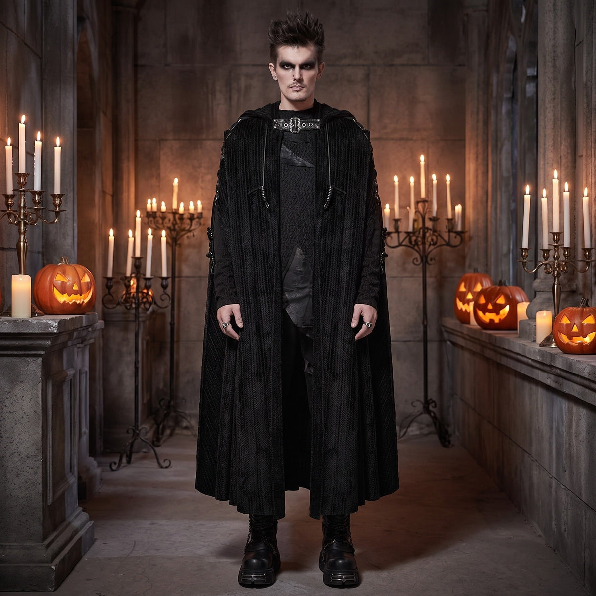 Man draagt zwarte gothic cape met capuchon tussen brandende kaarsen en pompoenen | Boutique Moda