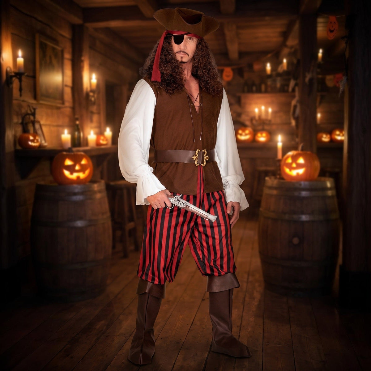 Piratenkapitein Kostuum Heren | Driekanthoed | Gestreepte Kniebroek | Ooglap
