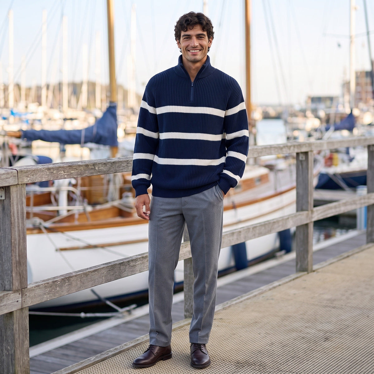 Gestreepte Trui met Rits Heren | Ribgebreid | Oversized | Opstaande Kraag