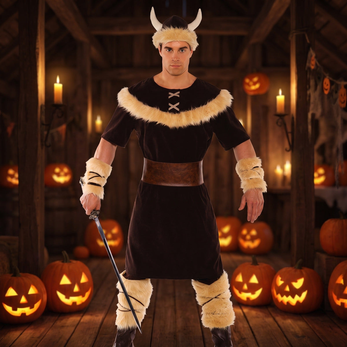 Viking Tuniek Kostuum | Hoed met Hoorns | Bont Arm en Beenstukken