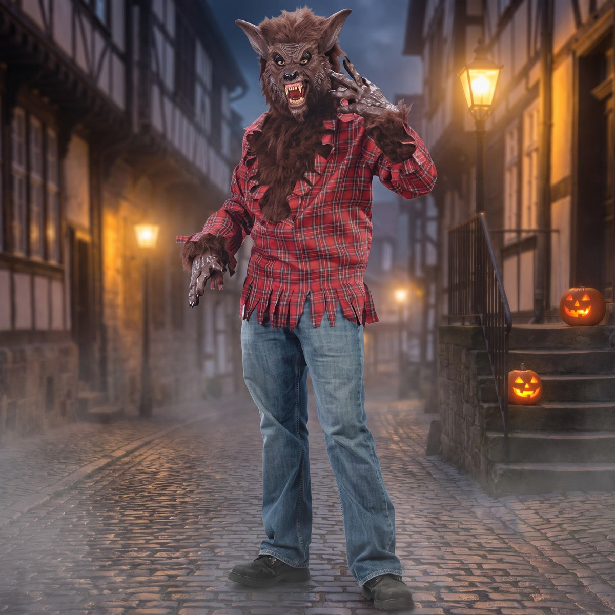 Weerwolf Kostuum Heren | Geruit Shirt | Masker | Klauwhandschoenen