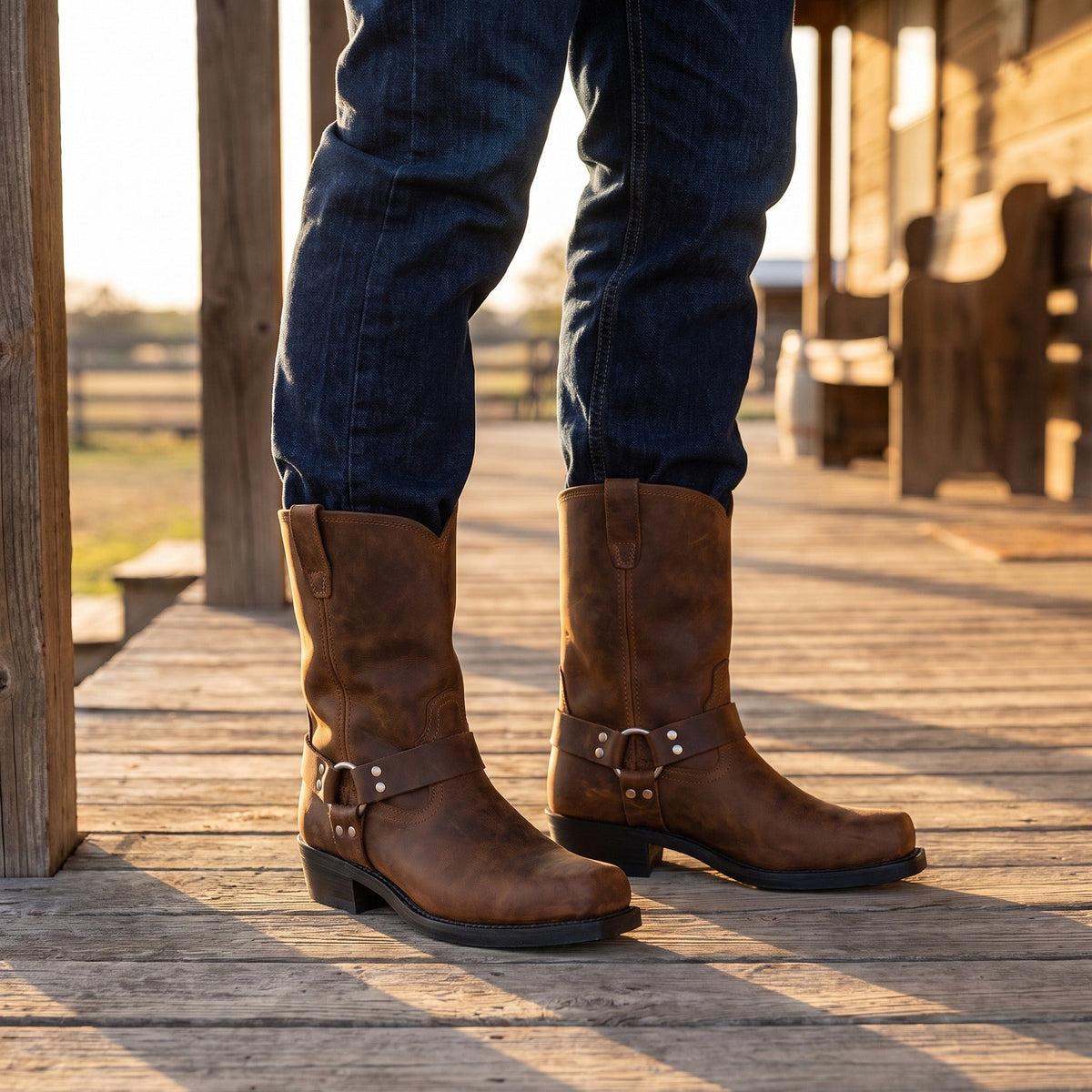 Cowboylaarzen Heren | Harnasriem | Vierkante Neus | Blokhak