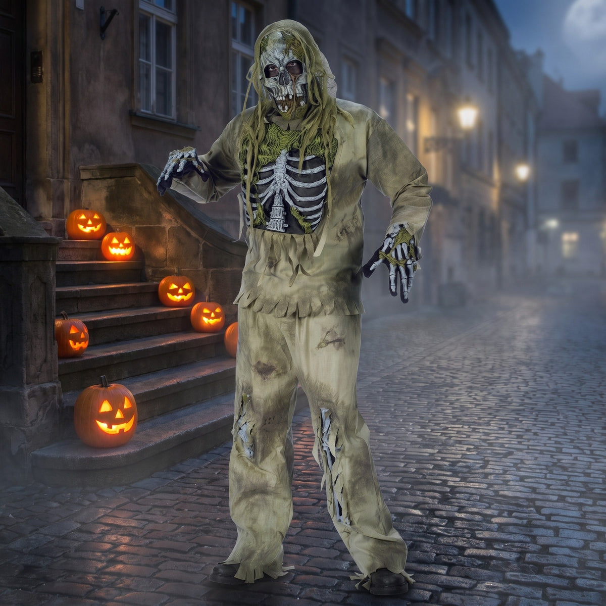 Skelet Zombie Kostuum | Ribbenkast Shirt | Masker met Kap | Handschoenen