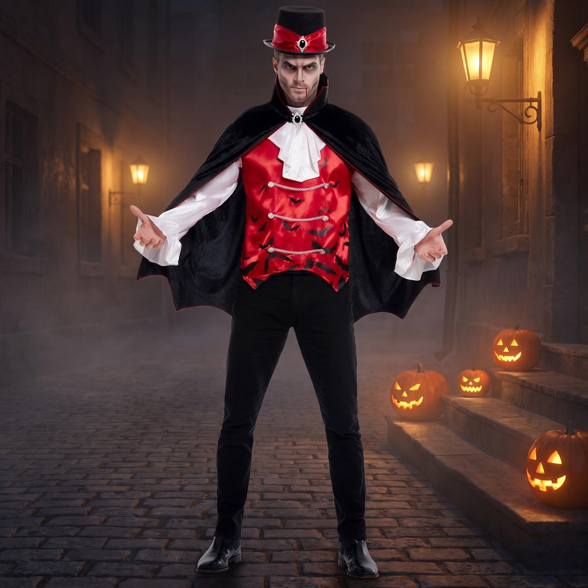 Vampier Kostuum Rood | Vleermuis Gilet | Jabot Hemd | Cape