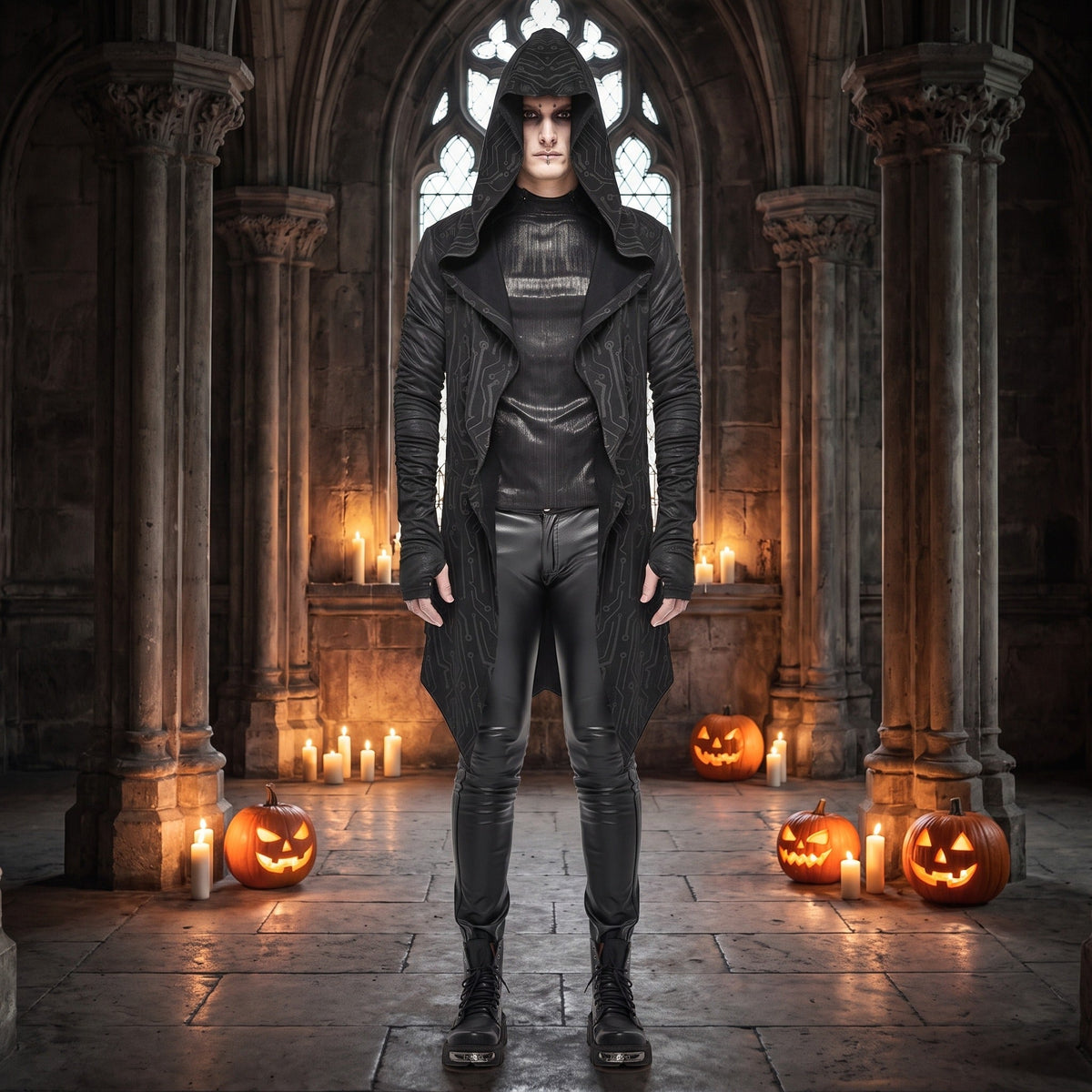 Man draagt zwarte gothic lange vest met capuchon in kasteelachtige omgeving | Boutique Moda