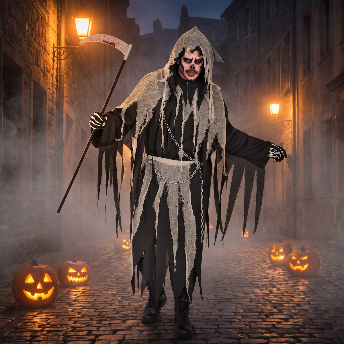 Reaper Kostuum Heren | Gewaad met Ketting | Gazen Kraag | Capuchon | Riem