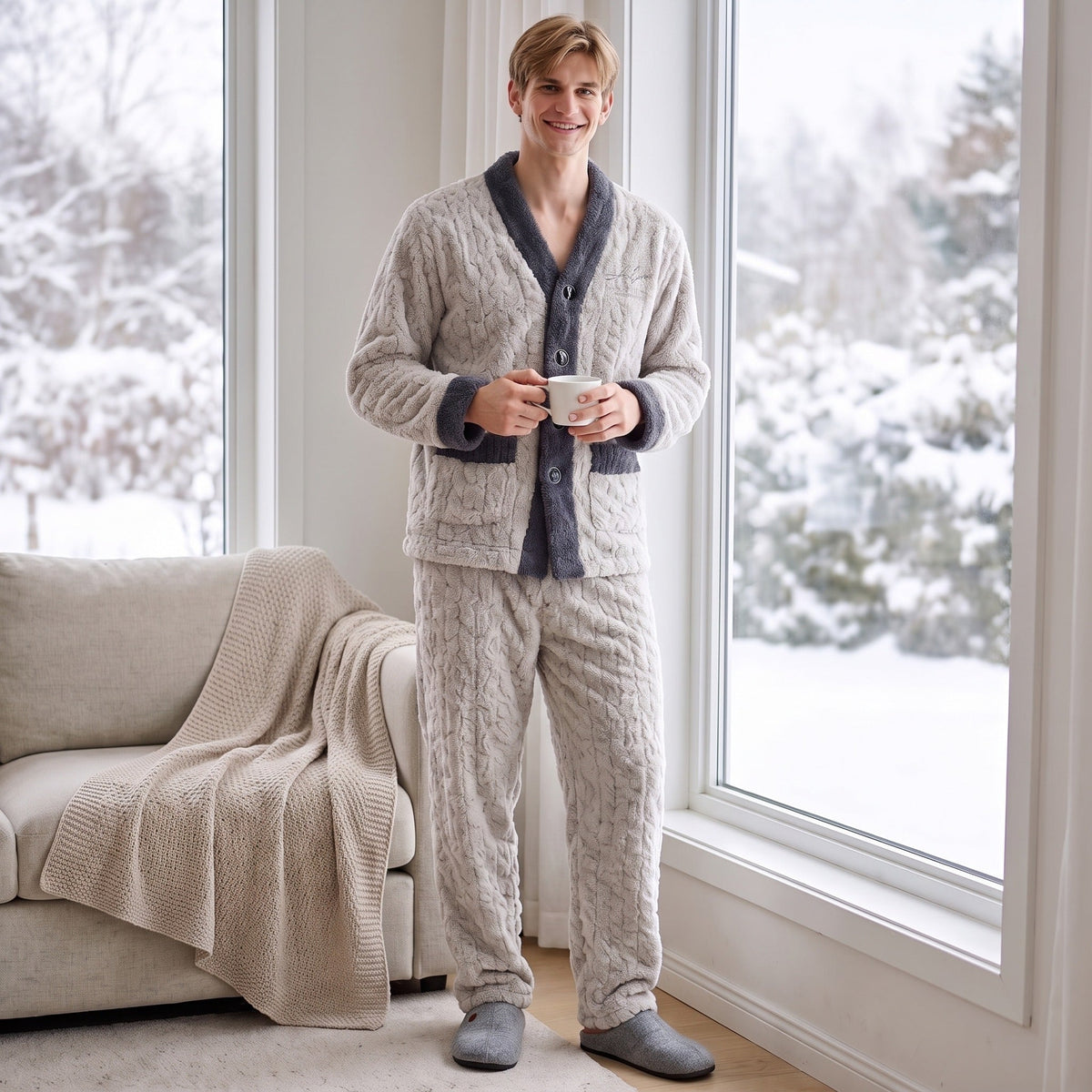 Fleece Pyjama Heren | Koraalfleece | Tweedelig | Knoopsluiting