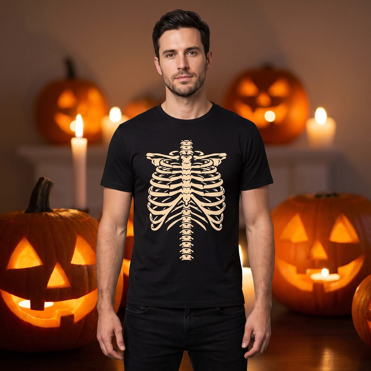 Zwart t-shirt met ribbenkast skeletprint, gedragen door man tussen pompoenen | Boutique Moda