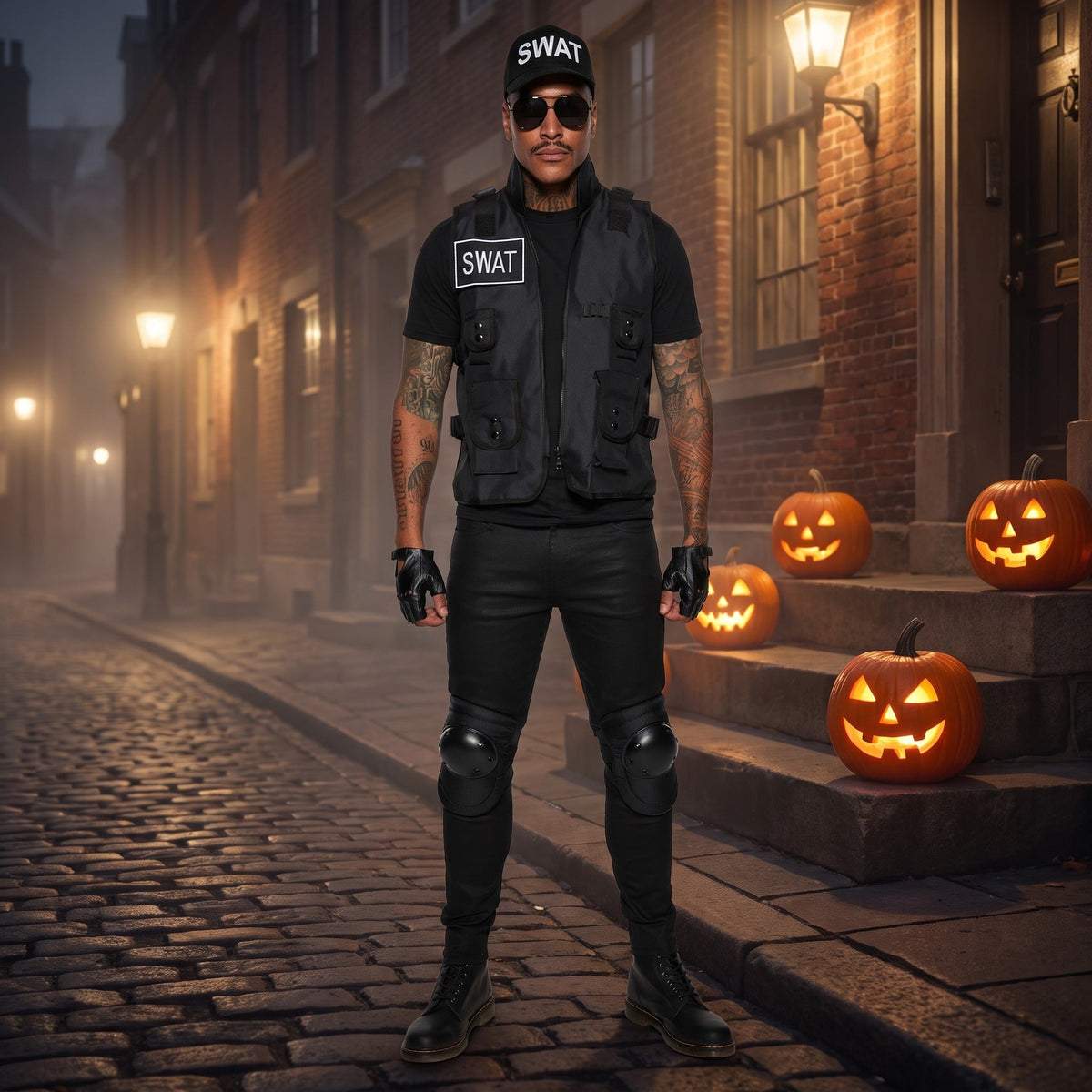 SWAT Kostuum Heren | Tactisch Vest | Pet | Handschoenen | Kniebeschermers
