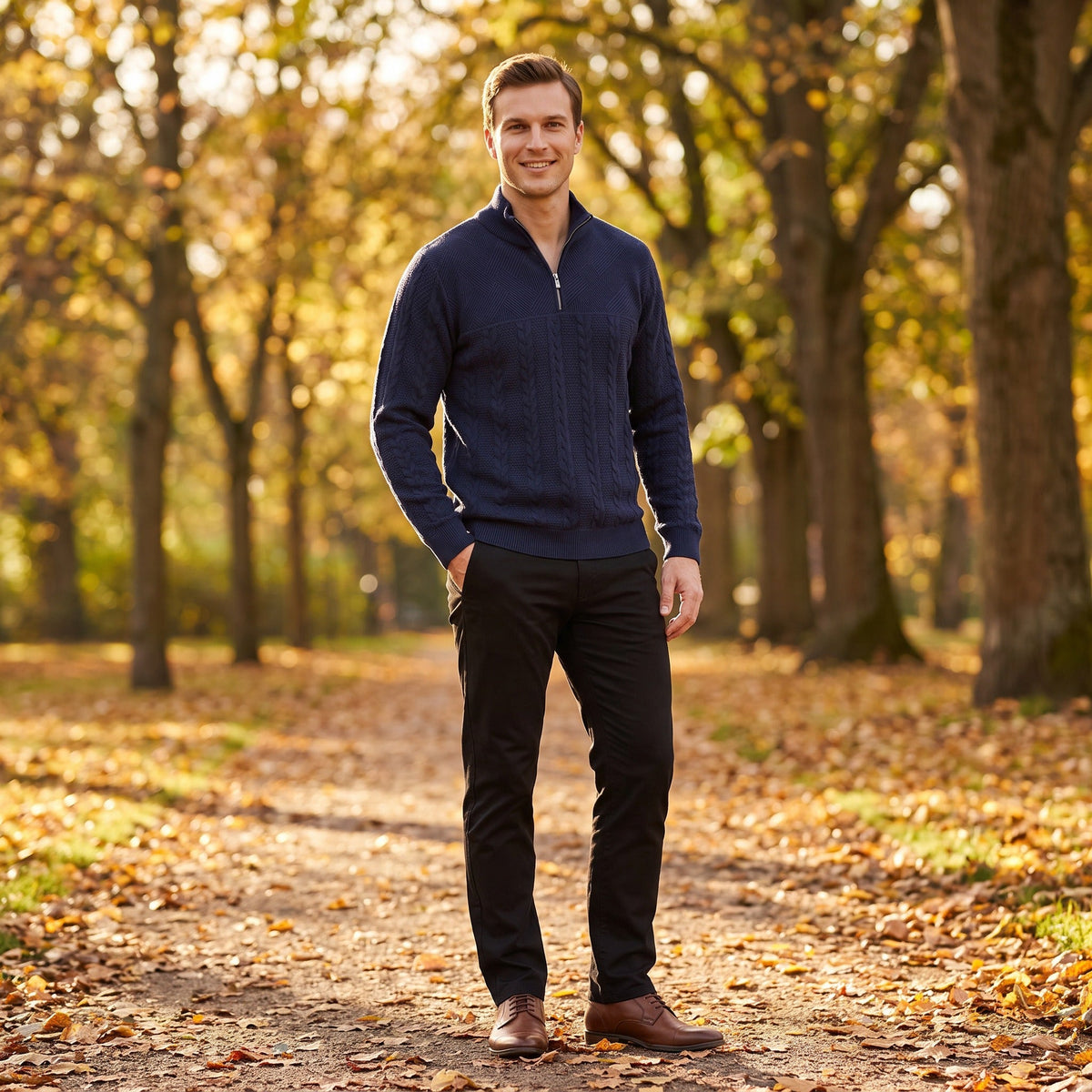 Relaxed Fit Trui met Rits Heren | Kabelpatroon | Opstaande Kraag