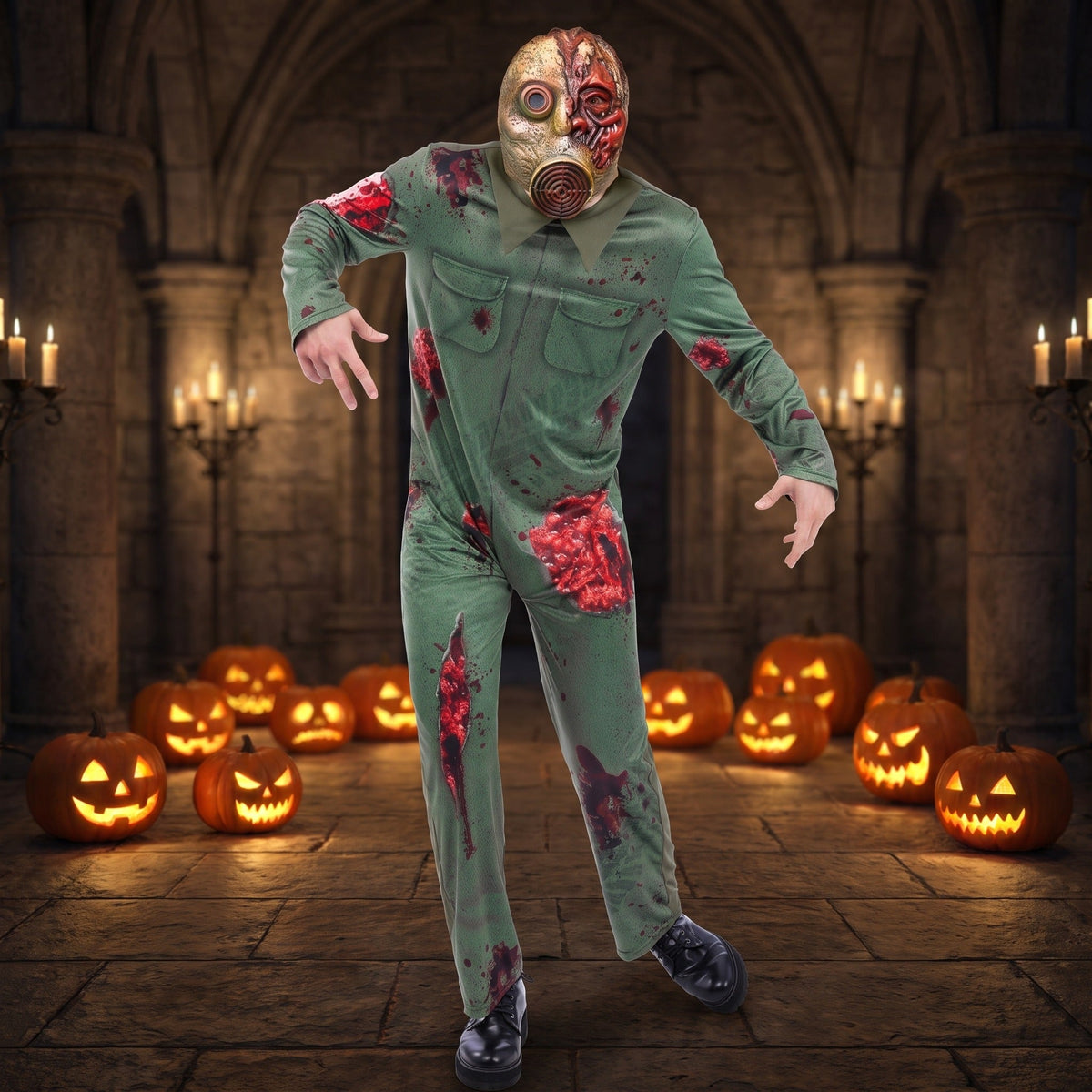Gasmasker Zombie Kostuum | Groene Jumpsuit | Masker