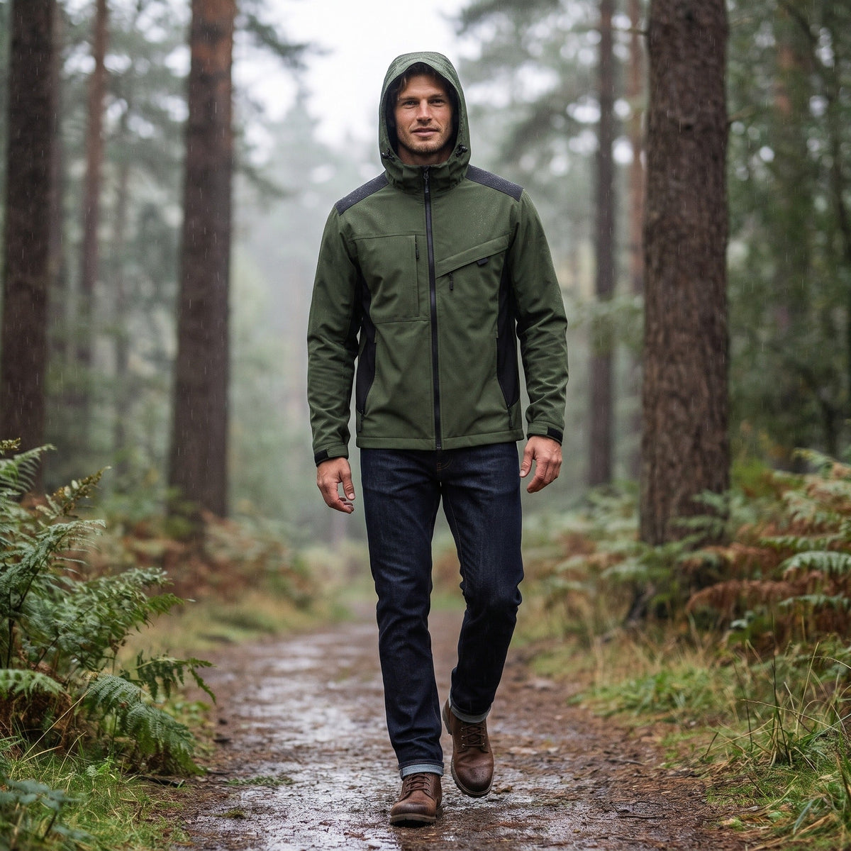 Groene outdoorjas met capuchon, gedragen door man wandelend op bospad | Boutique Moda