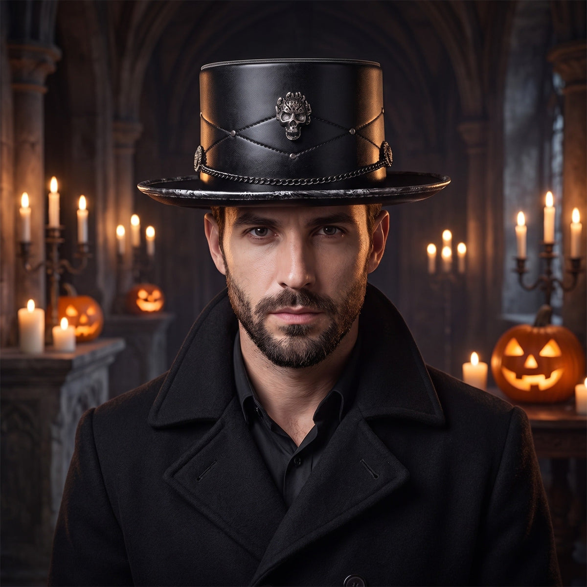 Zwarte gothic hoge hoed met doodskop embleem, gedragen door man met baard | Boutique Moda