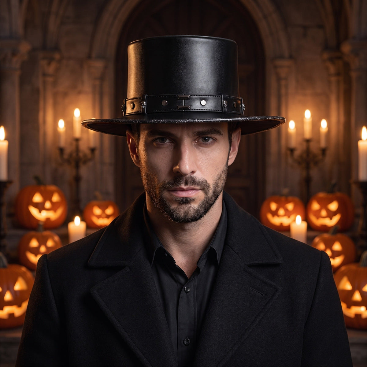 Man draagt zwarte hoge hoed met studs tussen Halloween-pompoenen | Boutique Moda