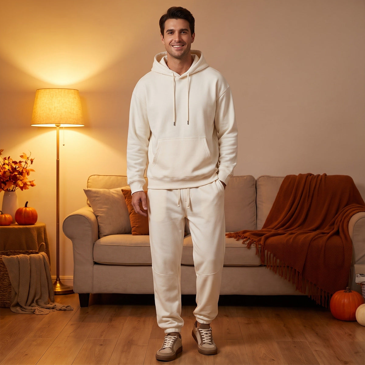 Man draagt beige hoodie met joggingbroek in gezellige woonkamer | Boutique Moda