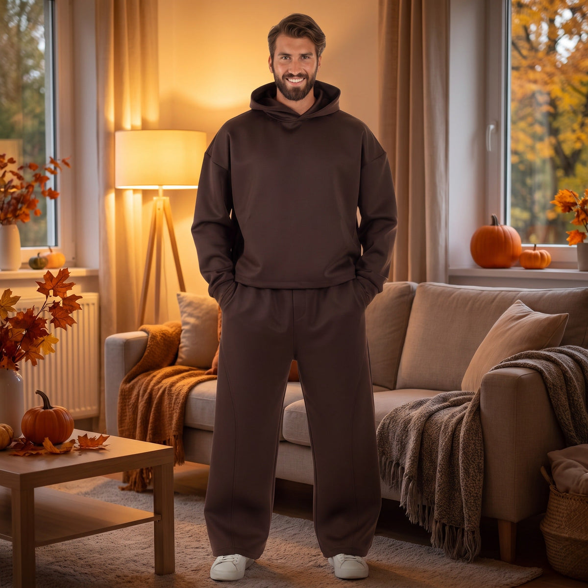 Man draagt bruine hoodie met wijde broek in gezellige woonkamer | Boutique Moda